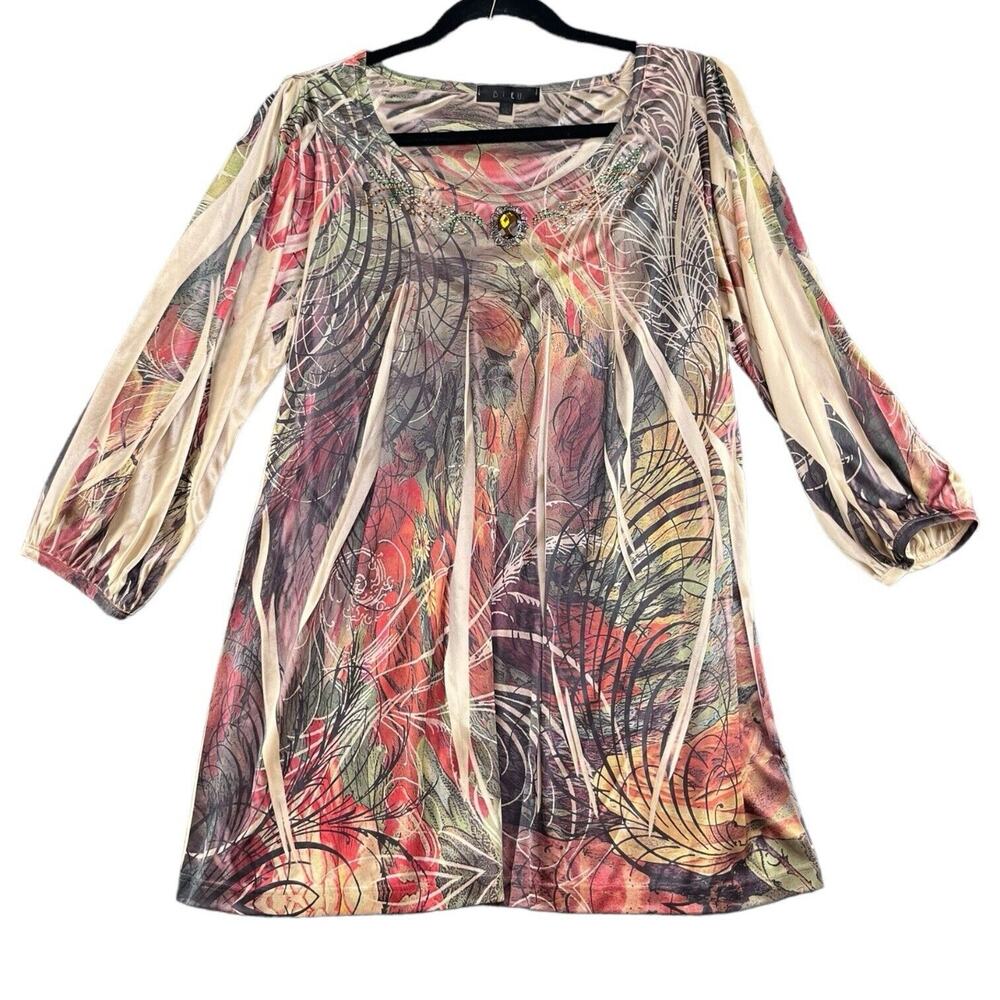 B.L.E.U. Earth Tone Womens Embellished Sequins Romantic Flowy Boho Tunic Sz L
